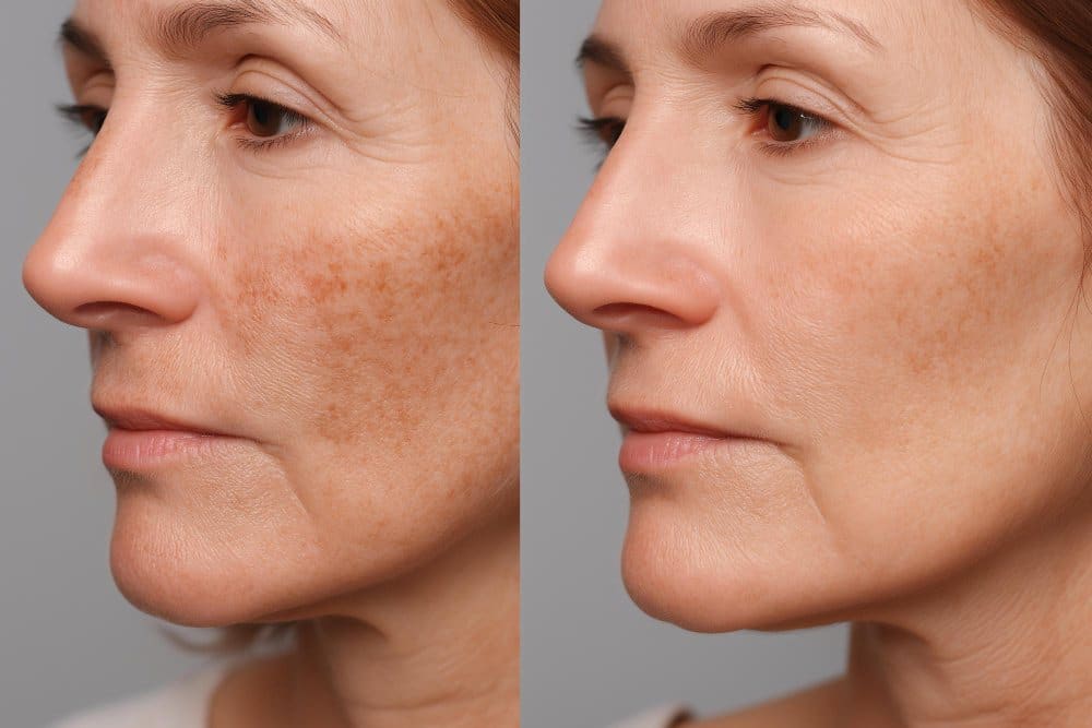 Side-by-side comparison of a woman's face showing reduction of dark spots and smoother skin texture in the after image on the right.