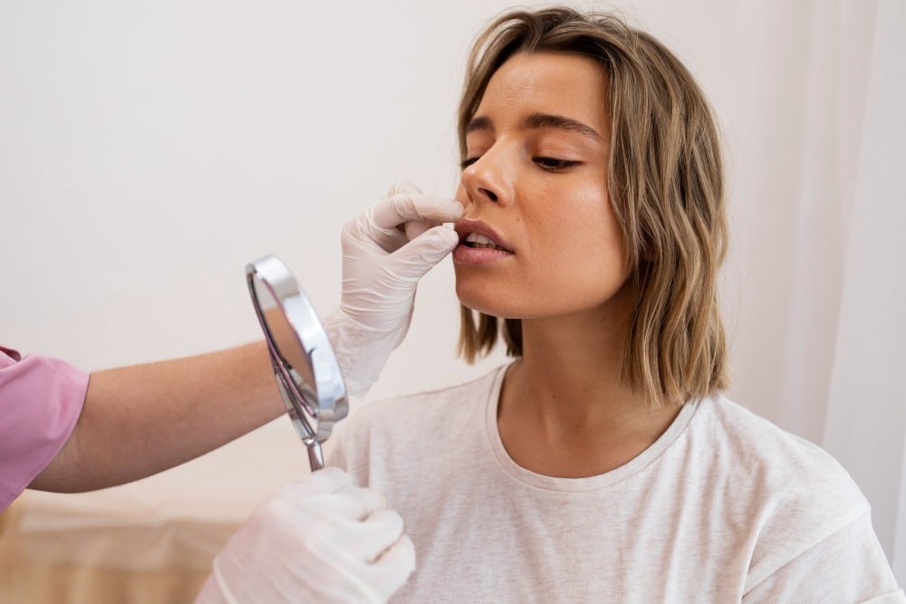 A doctor wearing gloves examines a woman's lips at the lip augmentation consultation.