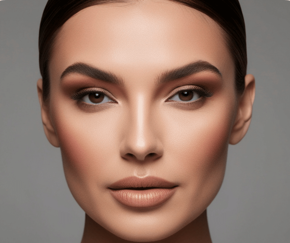 A woman with smooth skin, defined eyebrows, and neutral-toned makeup looks directly at the camera against a plain grey background.