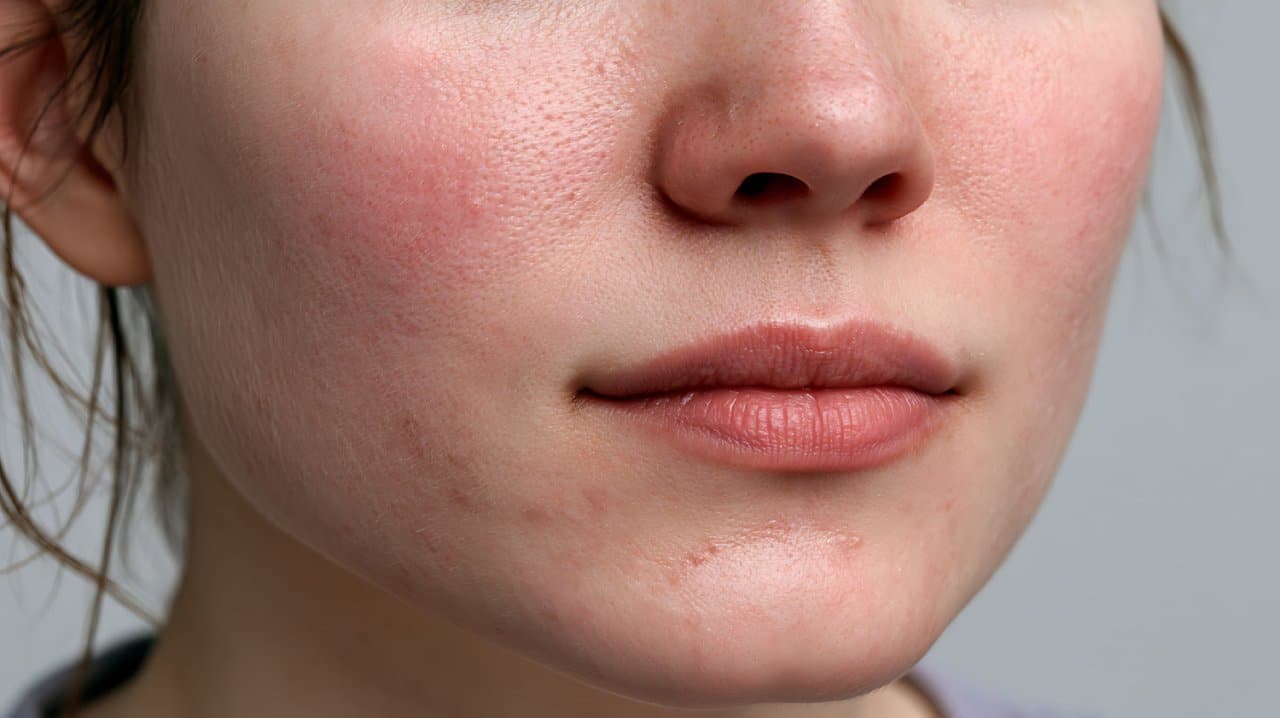 Close-up of a person’s lower face showing redness and visible pores on the cheeks and nose, with some texture on the chin.