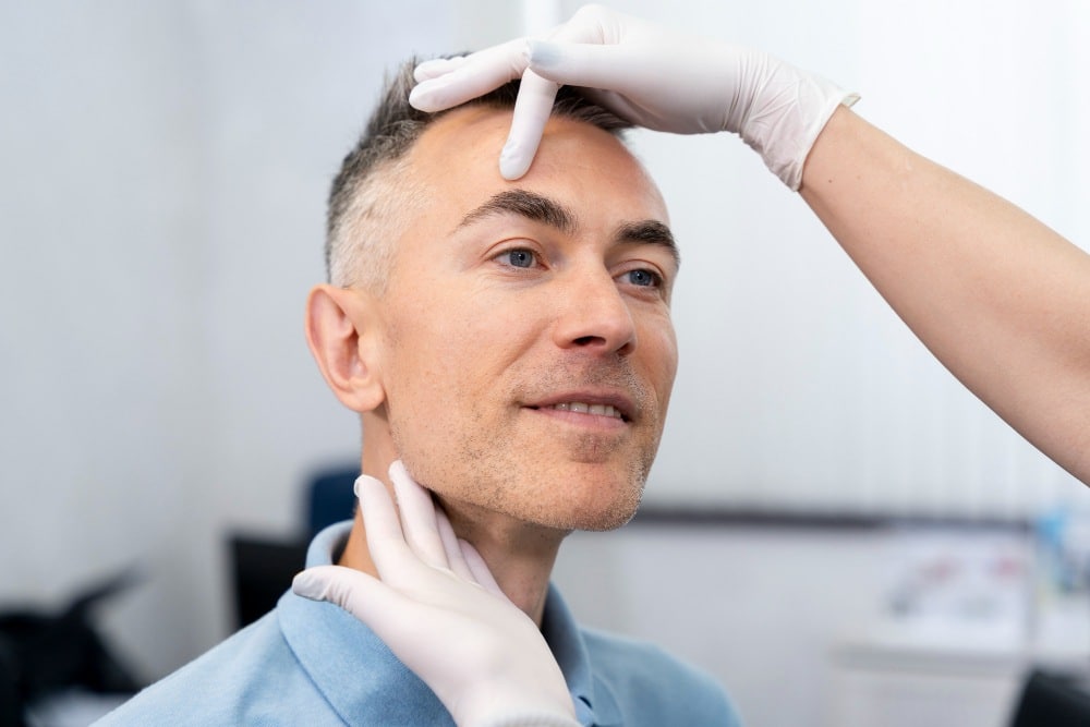 A man with greying hair sits while a gloved medical professional examines his face and jawline in a clinical setting for HIFU facelift procedure.