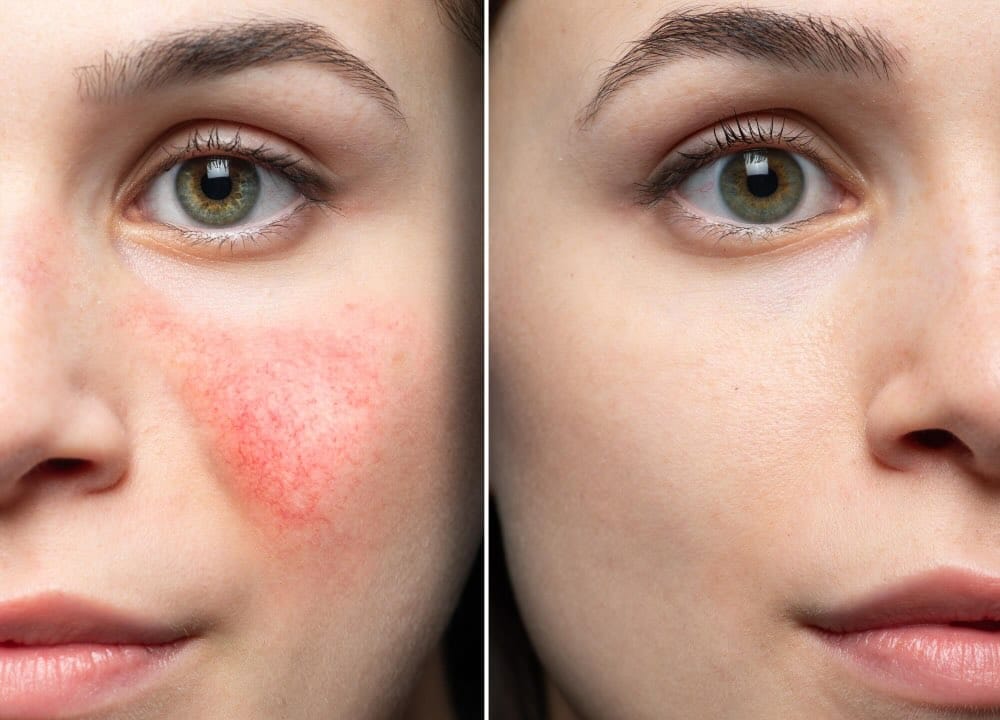 Split image showing a close-up of a woman's cheek: left side with facial redness from rosacea, right side clear and even-toned, illustrating the results after rosacea treatment with YAG laser.