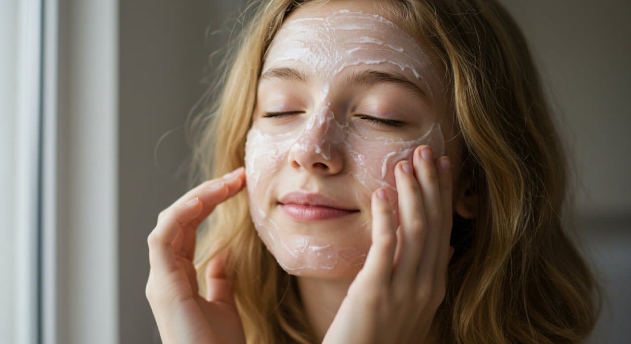 A person with eyes closed applying white face cream to cleanse their skin.
