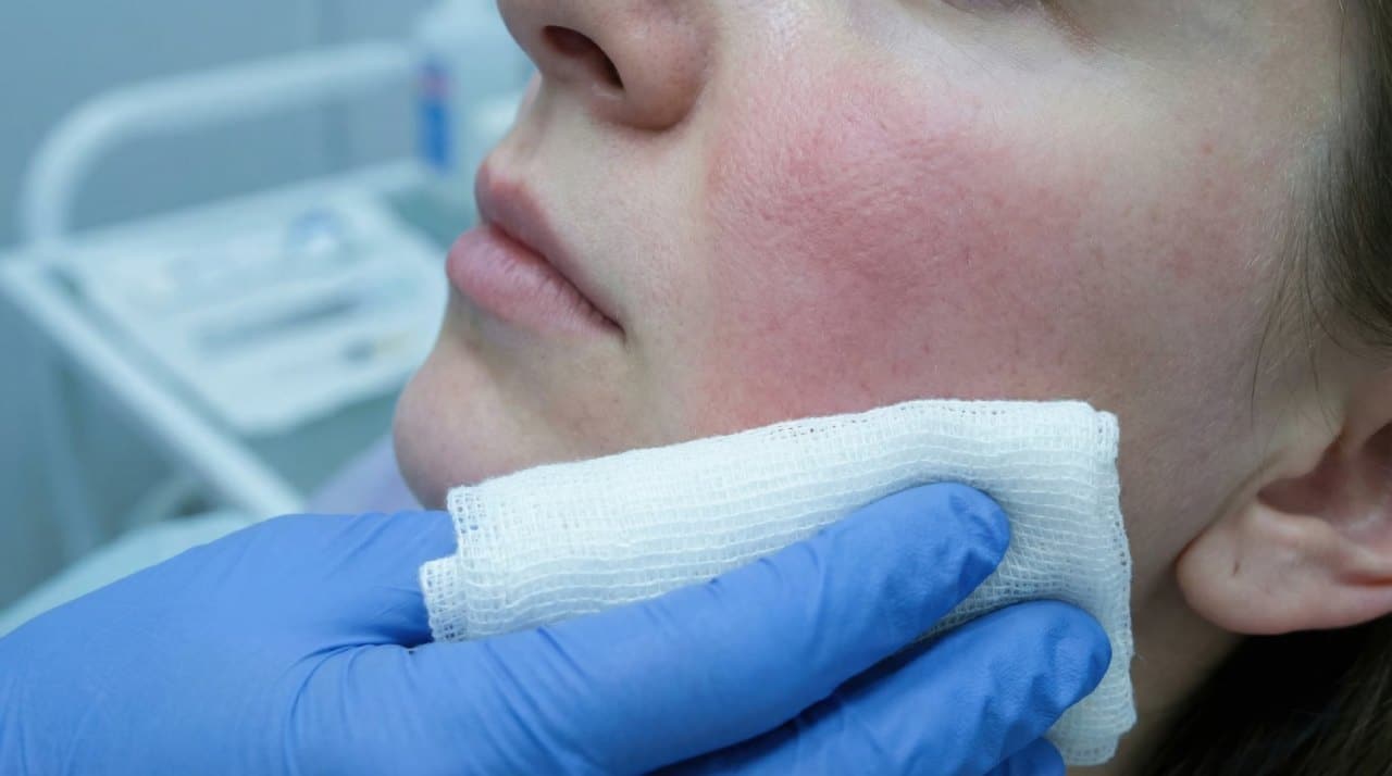 A person in blue medical gloves gently wipes a patient’s cheek, which shows skin irritation due to a reaction to an injectable treatment, with a piece of gauze.
