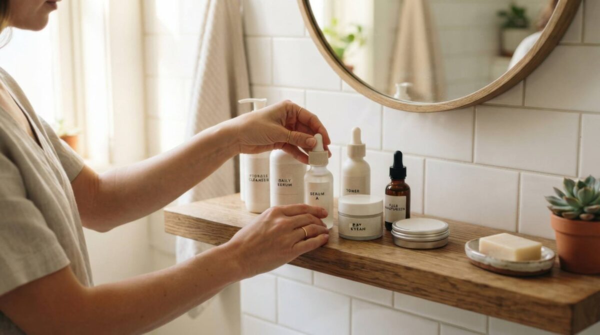 A person reaches for a bottle of skin-microbiome serum on a wooden bathroom shelf lined with various cosmetic products.