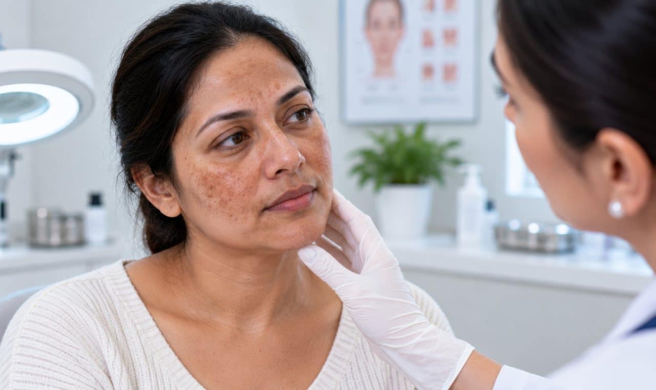 A medical professional wearing gloves examines a patient’s face to assess uneven pigmentation before a chemical peel treatment.