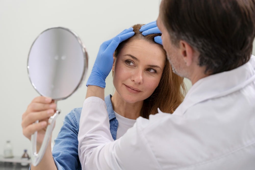 A doctor in gloves examines a woman's scalp for hair loss treatment.