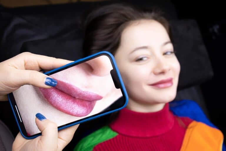 A person holds a mobile phone showing a close-up of a woman's lips for lip augmentation.