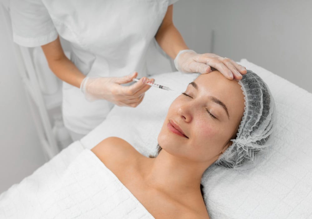 A person receives a facial injection from a healthcare professional wearing gloves. The patient is lying on a biostimulatory treatment to treat loss of skin firmness and elasticity. 