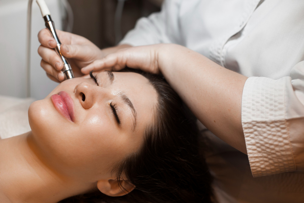A woman undergoing microneedling on her face by a cosmetic doctor.