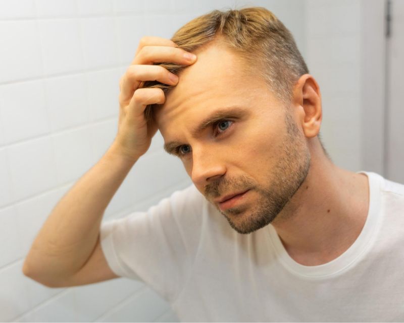 middle aged man looking in the mirror worrying about hair loss